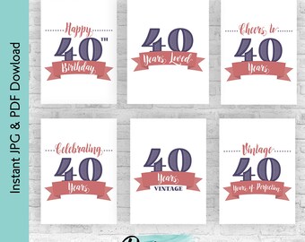 Purple and Rose Pink 40th Birthday Decoration Bundle | Cheers to 40 Years Printable Sign Pack | Milestone Birthday Decor