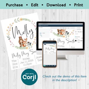May include: A printable baby announcement card with a floral wreath and woodland animals. The card says "Molly May Smith" and includes the baby's birth date, time, weight, length, and location. The card is editable with Corjl.