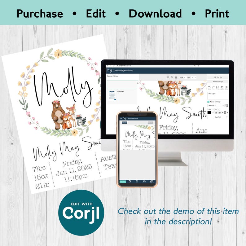 May include: A printable baby announcement card with a floral wreath and woodland animals. The card says "Molly May Smith" and includes the baby's birth date, time, weight, length, and location. The card is editable with Corjl.