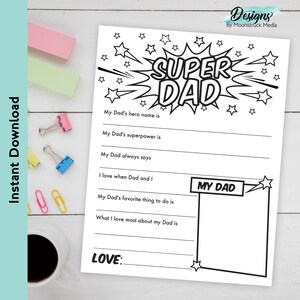 Carta imprimible "Todo sobre mi papá" para niños / Regalo para el Día del Padre para un Súper Papá / Página de recuerdo para completar
