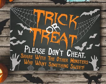 Halloween Trick or Treat Sign | Please Don’t Cheat Candy Sharing Sign | Printable Halloween Door Decor | Spooky Party Decoration