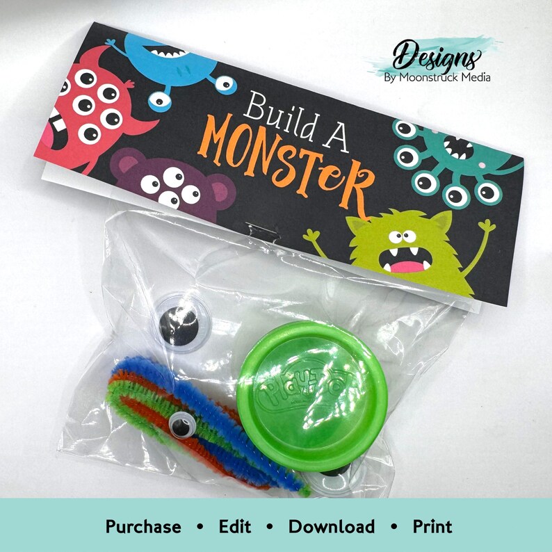 May include: A clear plastic bag filled with craft supplies for making a monster. The bag contains googly eyes, pipe cleaners, and a container of green play dough. A printable tag with the text "Build A Monster" is attached to the bag.