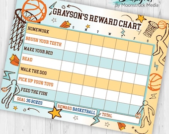 May include: A basketball-themed reward chart with a light blue and yellow colour scheme. The chart features illustrations of basketballs and players. Text includes "Grayson's Reward Chart" and tasks like "Homework" and "Brush Your Teeth".