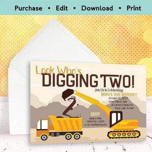 Look Who's Digging Two Invitation | Construction 2nd Birthday Party Invite | Editable Dump Truck Corjl Template | Boy Birthday Printable