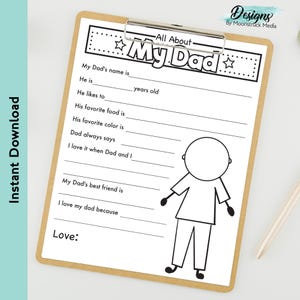 Carta para completar "Todo sobre papá" / Actividad del Día del Padre para niños / Cuestionario imprimible de recuerdo para papá