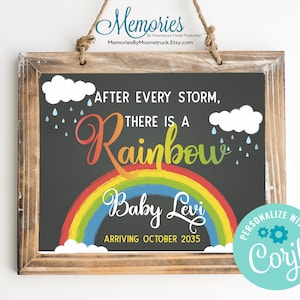 Every Storm Rainbow Pregnancy Announcement, Rainbow Baby Sign, First Time Pregnancy, Announcing Pregnancy Photoshoot, Maternity Photos,