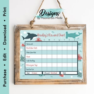 Editable Shark Reward Chart for Boys | Printable Chore, Potty Training, or Reading Tracker | Underwater Shark Incentive Chart for Kids