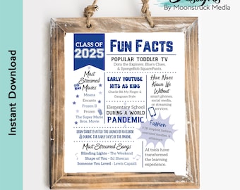 Blue Class of 2025 Fun Facts Poster | Graduation Party Printable Sign | Senior Table Decor for Class of 2025