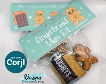 Utskrivbar etikett till pepparkaksgubben S'mores-kit | Hur man fångar en pepparkaksgubbe-etikett | Topping till julgodispåse