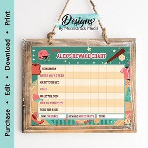 May include: A wooden framed reward chart with the text "ALEX'S REWARD CHART" and the words "HOMEWORK", "BRUSH YOUR TEETH", "MAKE YOUR BED", "READ", "WALK THE DOG", "PICK UP YOUR TOYS", and "FEED THE FISH". The chart has baseball-themed graphics.