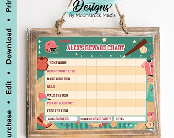 Printable Baseball Reward Chart for Kids | Editable Corjl Chore Chart | Letter-Size Habit Tracker