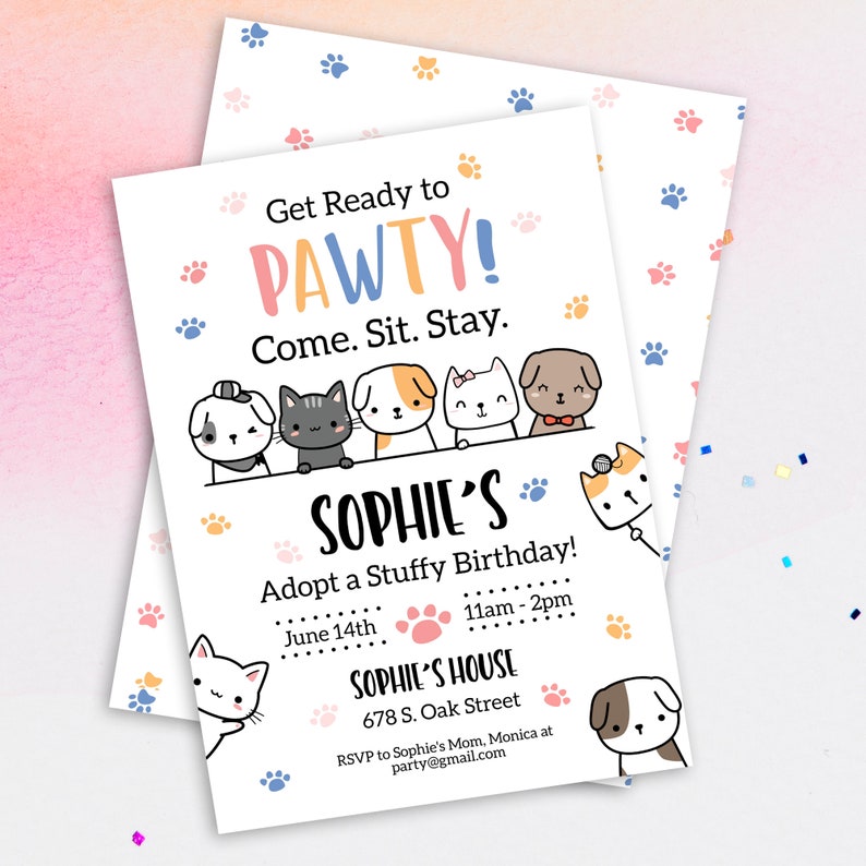 Pet adoption birthday invitation featuring cute dogs and cats with the title "Get ready to Pawty!" Editable with Corjl and printable at home.