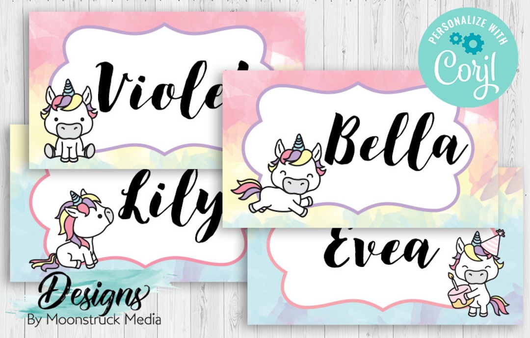 Editable Rainbow Unicorn Name Tags, Magical Unicorn Birthday Party
