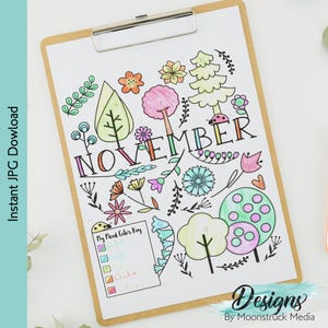 Suivi de l&#39;humeur de novembre à imprimer avec des arbres et des fleurs | Page du Bullet Journal Nature | Journal d&#39;humeur mensuel pour tenir un journal | Téléchargement instantané du PDF