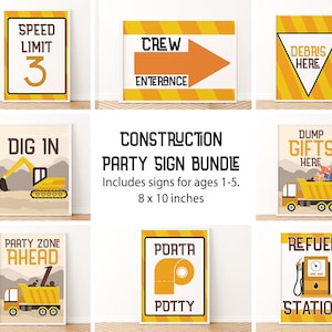 Baustelle Party Schilder | Druckbare Geburtstagsdekoration für Kinder im Alter von 1-5 Jahren | Dump Geschenke hier, Tankstelle, Dig In Schilder