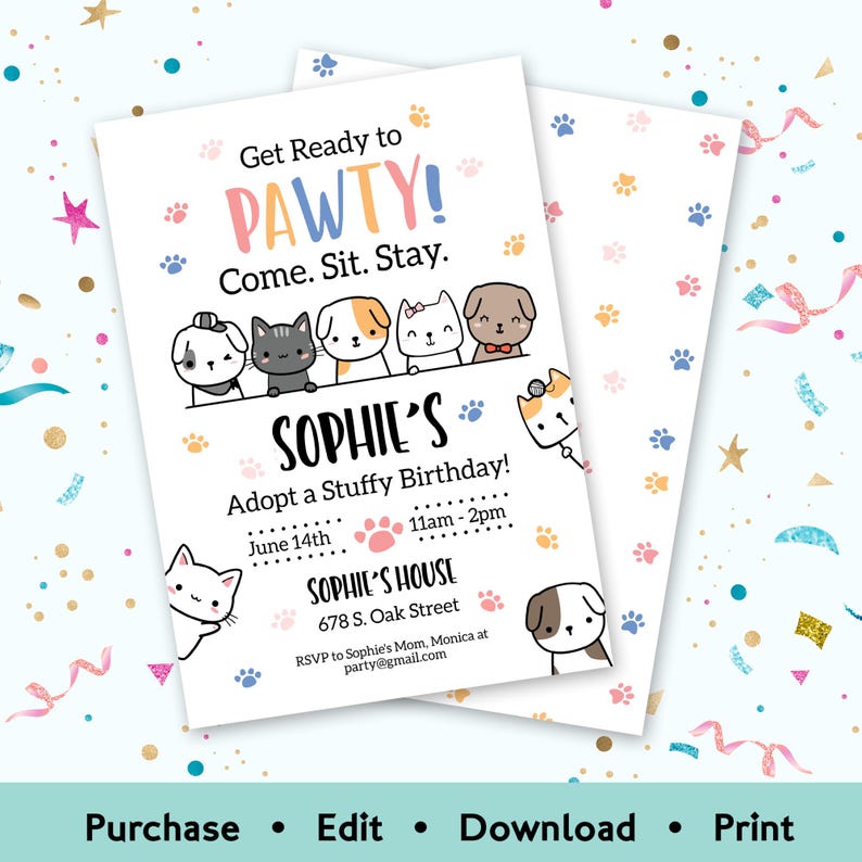 Editable pet adoption birthday invitation with cute puppies and kittens and colorful “Let’s Pawty” theme