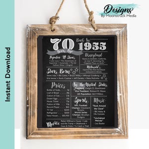 Afiche con datos curiosos del 70.° cumpleaños de 1955 / Cartel de pizarra con eventos históricos y curiosidades / Descarga instantánea