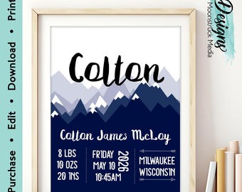 Baby Stats Print Blue Mountains | Personalized Birth Sign | Nursery Wall Art