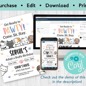 May include: A printable invitation for a child's birthday party. The invitation features a paw print design with the text "Get Ready to Pawty! Come. Sit. Stay." and the child's name "Sophie's". The invitation is decorated with paw prints and a colorful background.
