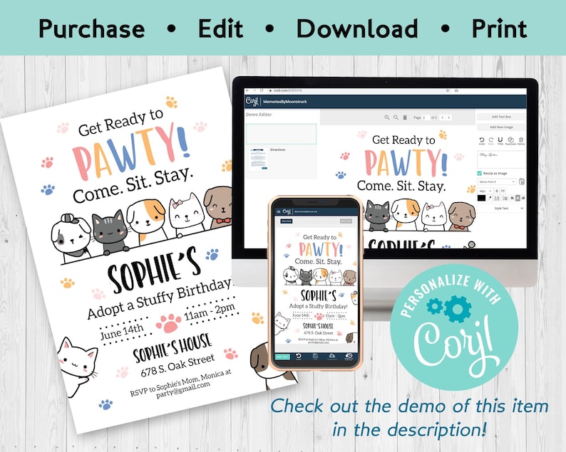May include: A printable invitation for a child's birthday party. The invitation features a paw print design with the text "Get Ready to Pawty! Come. Sit. Stay." and the child's name "Sophie's". The invitation is decorated with paw prints and a colorful background.