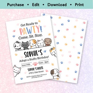 Editable pet adoption birthday invitation with cute puppies and kittens and colorful “Let’s Pawty” theme