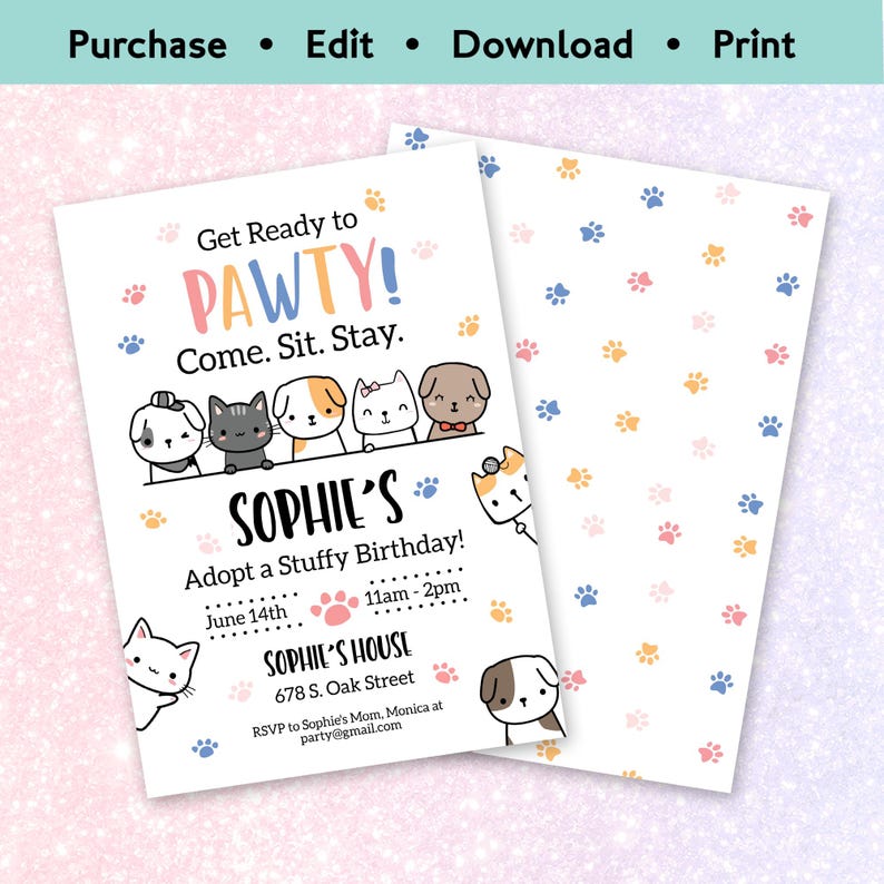 Editable pet adoption birthday invitation with cute puppies and kittens and colorful “Let’s Pawty” theme