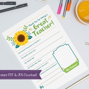 Teacher Appreciation Printable Thank You Letter Kids Teacher Gift ...