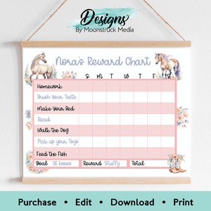 Bearbeitbare Cowgirl-Pferdebelohnungstabelle für Mädchen | Westliche Printable Tracker für Hausarbeit, Lesen, oder Töpfchen-Training | Pink Pony Incentive Chart