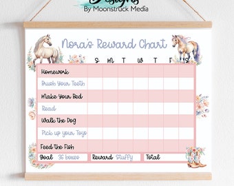 May include: A pink and white printable reward chart with a horse theme. The chart has a grid with days of the week labeled and spaces for checking off tasks like homework, brushing teeth, and making the bed. The chart also has a goal of 36 boxes and a reward section.