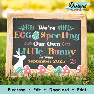 Easter Pregnancy Announcement Sign | Editable We&#39;re Eggspecting Baby Reveal with Bunny and Eggs | Chalkboard Style Spring Printable