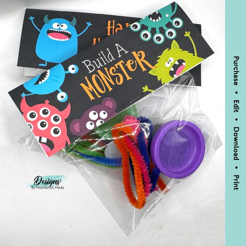 Printable “Build a Monster” Halloween favor tag featuring colorful monsters. Perfect for party bags, classroom gifts, birthdays, and DIY craft activity kits.
