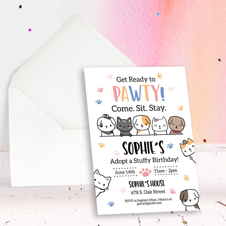 Editable pet adoption birthday invitation with cute puppies and kittens and colorful “Let’s Pawty” theme