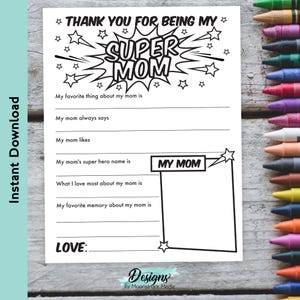 Carta de agradecimiento para el Día de la Madre para Super Mamás / Tarjeta imprimible para rellenar con los espacios en blanco de los niños / Descarga instantánea