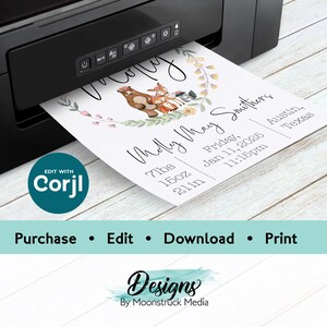 May include: A printable baby announcement card with a watercolor illustration of a bear, fox, and owl surrounded by flowers. The card includes the baby's name, Molly May Smithers, birth date, time, weight, length, and location. The text "Edit with Corjl" is visible in the lower left corner.