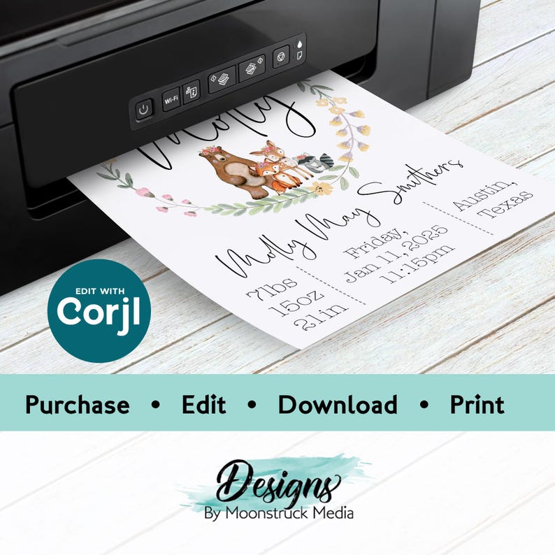 May include: A printable baby announcement card with a watercolor illustration of a bear, fox, and owl surrounded by flowers. The card includes the baby's name, Molly May Smithers, birth date, time, weight, length, and location. The text "Edit with Corjl" is visible in the lower left corner.