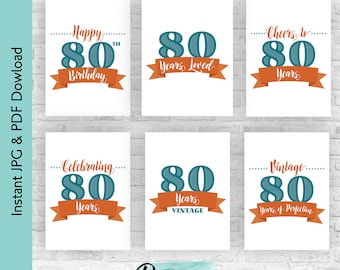 Paquete de decoración para 80 cumpleaños en verde azulado y naranja / Letreros "Envejecido a la perfección" / Decoración para fiesta de "Saludos por los 80 años"