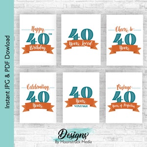 Teal and Orange 40th Birthday Decoration Bundle | Cheers to 40 Years Printable Sign Pack | Milestone Birthday Party Decor