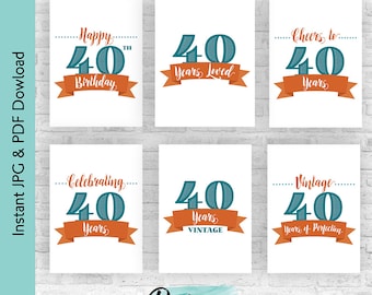 Paquete de decoración para 40 cumpleaños en verde azulado y naranja / Paquete de letreros imprimibles "Cheers to 40 Years" / Decoración para fiesta de cumpleaños importante