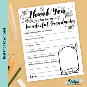 Una maravillosa carta de agradecimiento para completar en blanco para los niños de la abuela / Cuestionario Todo sobre la abuela / Regalo del Día de la Madre de un nieto