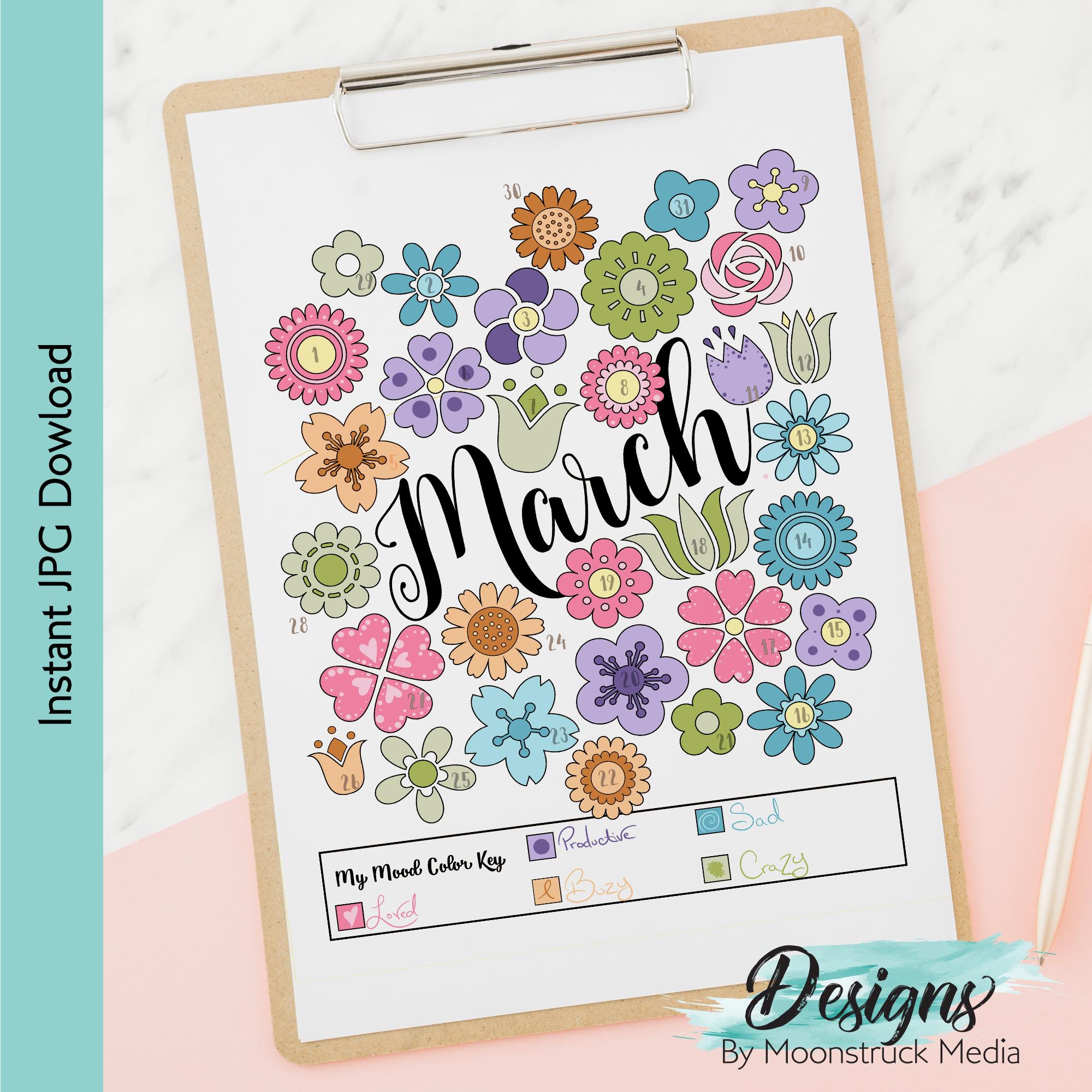 March Flower Mood Tracker Printable | Floral Bullet Journal Insert ...