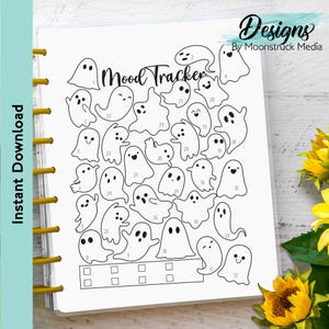 May include: A white paper sheet featuring a black and white mood tracker design with the text Mood Tracker and Designs By Moonstruck Media. The page contains numerous ghost illustrations, each labeled with a number from 1 to 31, and a row of empty square checkboxes at the bottom for tracking daily moods.