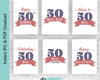 Purple and Rose Pink 50th Birthday Decoration Bundle | Cheers to 50 Years Printable Sign Pack | Milestone Party Decor