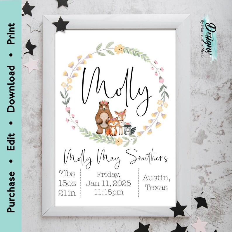 Floral woodland animals birth stats sign featuring fox, deer, and bear, personalized baby girl nursery printable wall art