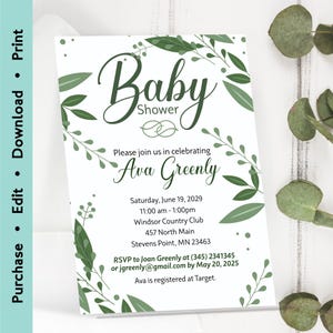 Editable Eucalyptus Baby Shower Invitation | Greenery Corjl Template | Gender Neutral Printable Invite | Instant Download