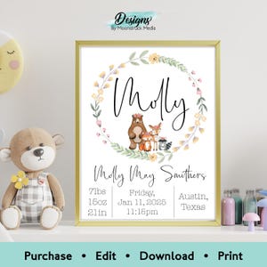 Floral woodland animals birth stats sign featuring fox, deer, and bear, personalized baby girl nursery printable wall art