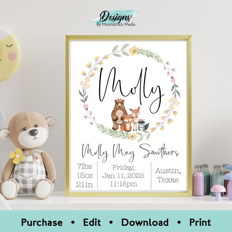 Floral woodland animals birth stats sign featuring fox, deer, and bear, personalized baby girl nursery printable wall art