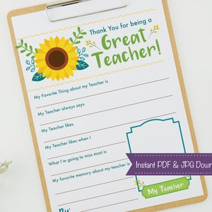 Teacher Appreciation Printable Thank You Letter Kids Teacher Gift ...