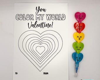 You Color My World Valentine Cards | Printable Coloring Valentine for Kids | DIY Valentine Activity Card | Non Candy Valentine