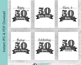Black and White 50th Birthday Decoration Bundle | Cheers to 50 Years Printable Sign Pack | Milestone Party Decor