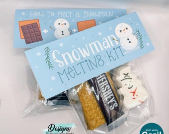 Schneemann Schmelz Kit S’mores Label | Wie man einen Schneemann Bag Topper schmelzen | Süßer Leckerli Anhänger Printable | Mit Corjl bearbeiten